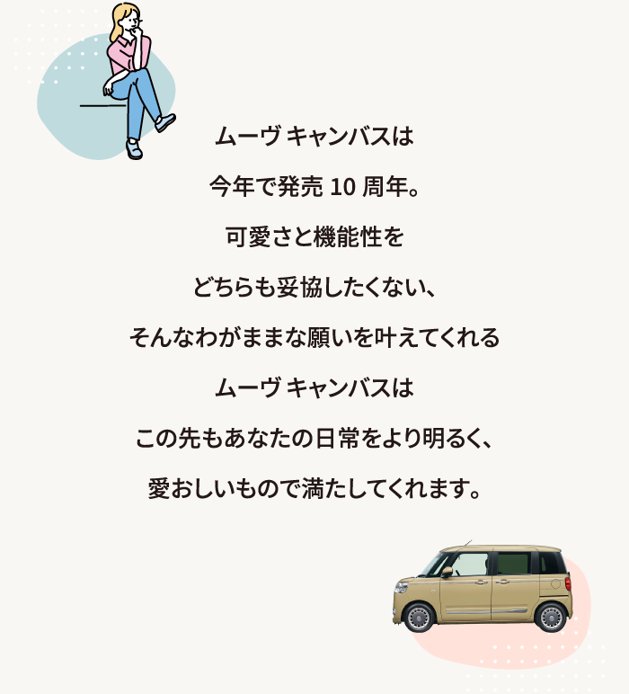 ムーヴ キャンバスは今年で発売10周年。可愛さと機能性をどちらも妥協したくない、そんなわがままな願いを叶えてくれるムーヴ キャンバスはこの先もあなたの日常をより明るく、愛おしいもので満たしてくれます。